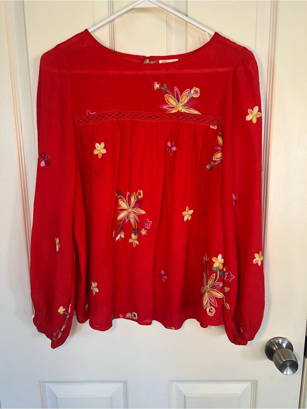 fig and flower Red Floral Embroidered Long-Sleeve Blouse